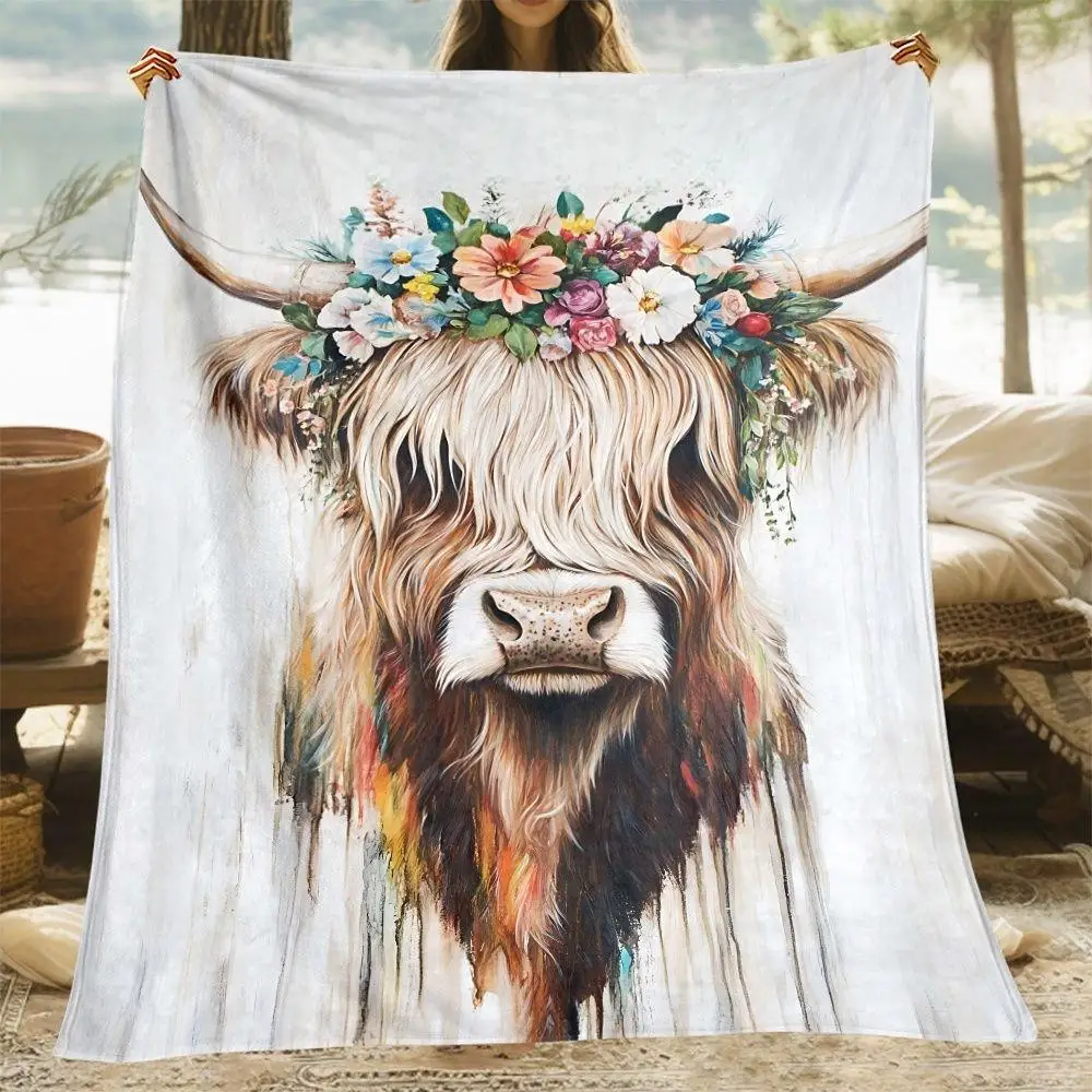 Printed Throw Pink Rose Highland Cow for Bedroom Couch Reading