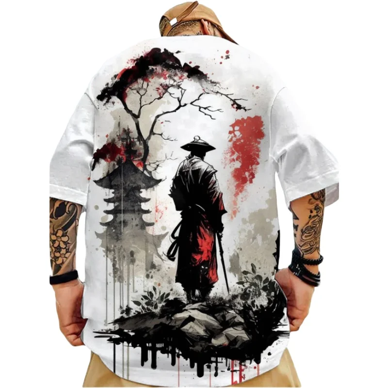 Fashion Japanese Samurai Printed Men\'s Trendy T-shirts Summer O-Neck Short Sleeve Loose Tee Shirts Streetwear Hip Hop Tops 3XL