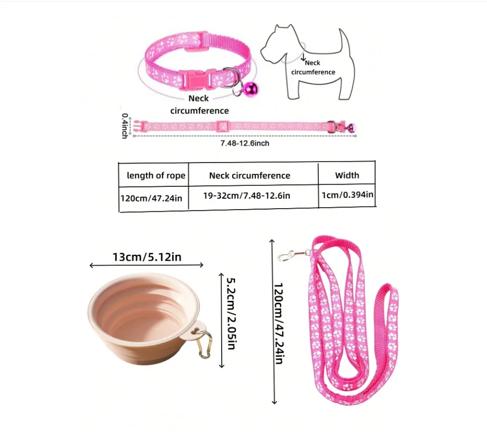 Pet Walking Kit, Paw Print Collar & Leash Set with Bell, Foldable Silicone Water Bowl, Adjustable Safety Collar & Traction Rope