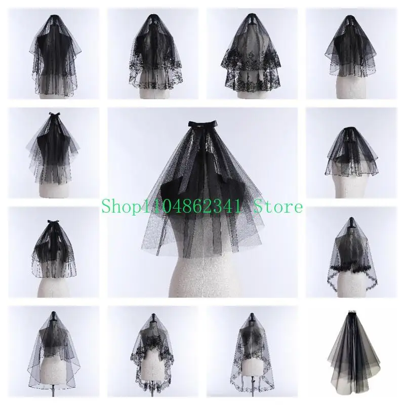 

652F Black Veil for Halloween Festival Roleplay Costume Accessory Tulle Veil Bride Cosplay Veil for Theme Party Headwear
