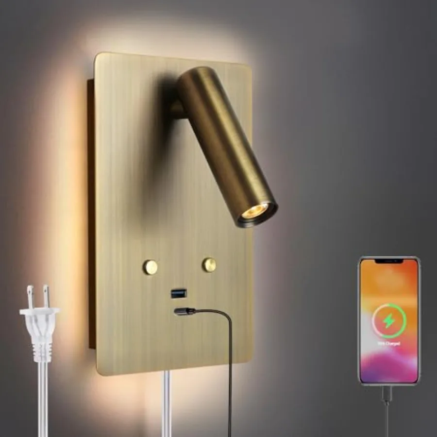 

Wall Mounted Reading Light, Dimmable Plug in Wall Sconce with USB A+C Ports, Touch Control Indoor LED Wall Lighting for Bedroom