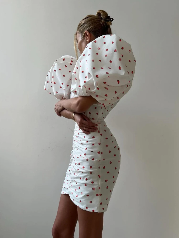 Elegante Polka Dot Aardbeienprint Kant Hoge Taille Retro Geplooid Sexy V-hals Pofmouwen Enkele Knop Formele Lange Avondjurk