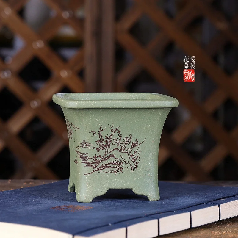 Green Sand Square Handmade Carved Pottery Bonsai Pot, Chinese Pattern Cubicles, Desk Rome Table, Garden Decoration