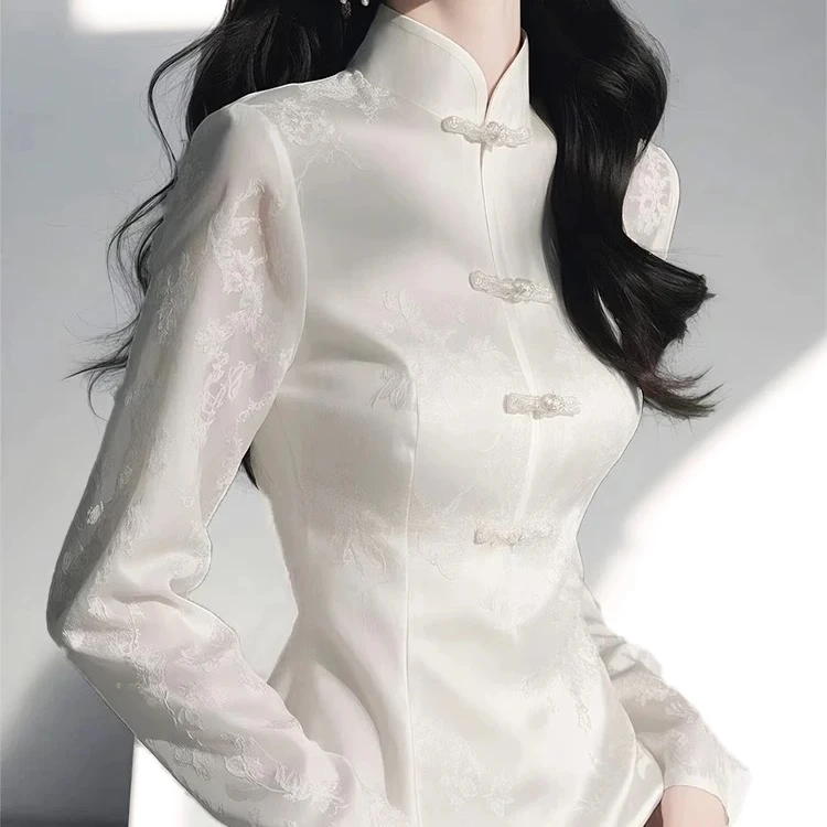 

Ele Embroidered Chinese Sle irt Women's Slim Fit Long Sve Button up Top Vintage Retro Early Spring Faion