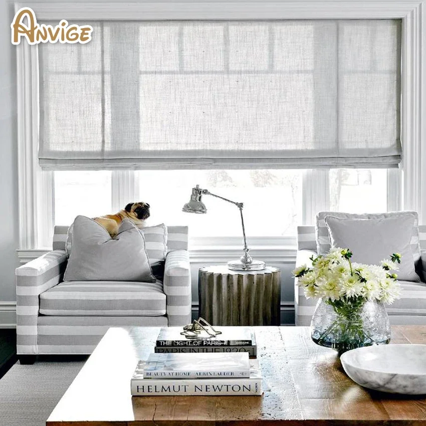 

Anvige Modern Grey Color Linen Sheer Roman Shades For Living Room Custom Roman Blinds Flat Window Curtain