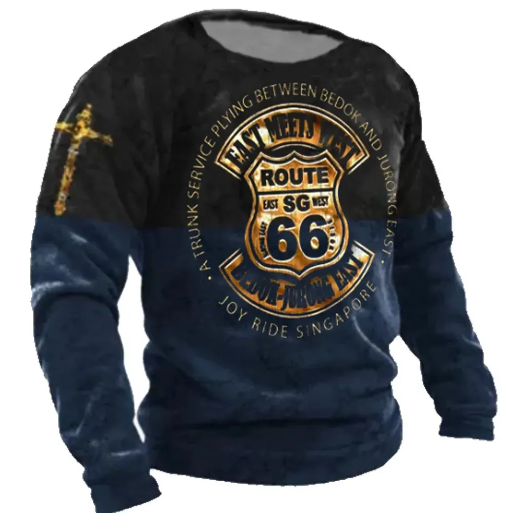 3D Print Fall T-Shirt Vintage Men's T Shirt Long Sleeve Top Tees USA Route 66 Letter Graphic Oversized Loose Clothing 5XL