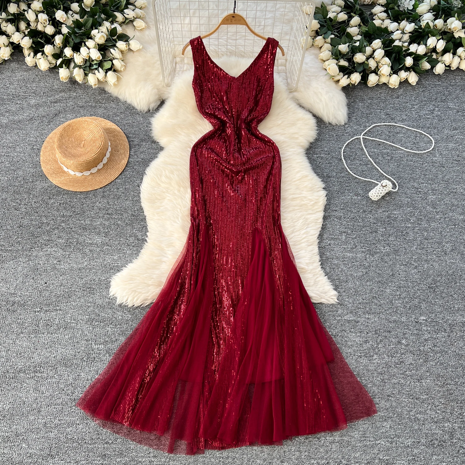 Elegant Sleeveless Vintage V-neck Chic Glitter Sequin Mesh Spliced Slim Mermaid Straps Long Dresses Evening High Street Clothing