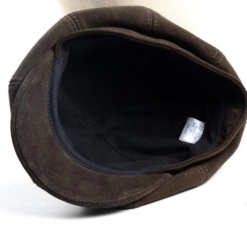 Suede Octagonal Beret Cap Men Women Winter Fashion Casual Newsboy Hat Genuine Leather Warm Coffee Boina Hombre