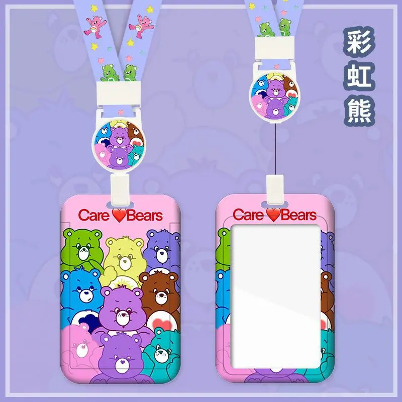 MINISO Care Bears Campus Cute Card Holder Transparent Long Lanyard Cartoon Key Chain Bus Access Control Subway Card Animation