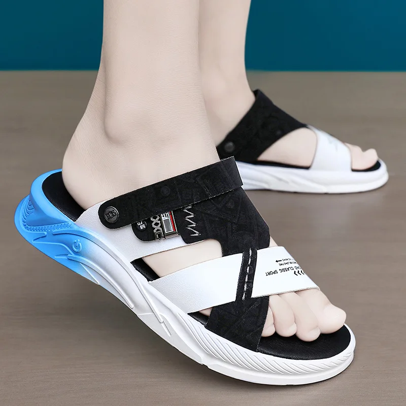 Men Fashion Print Slide Sandals With Adjustable Strap Outdoor Footwear
