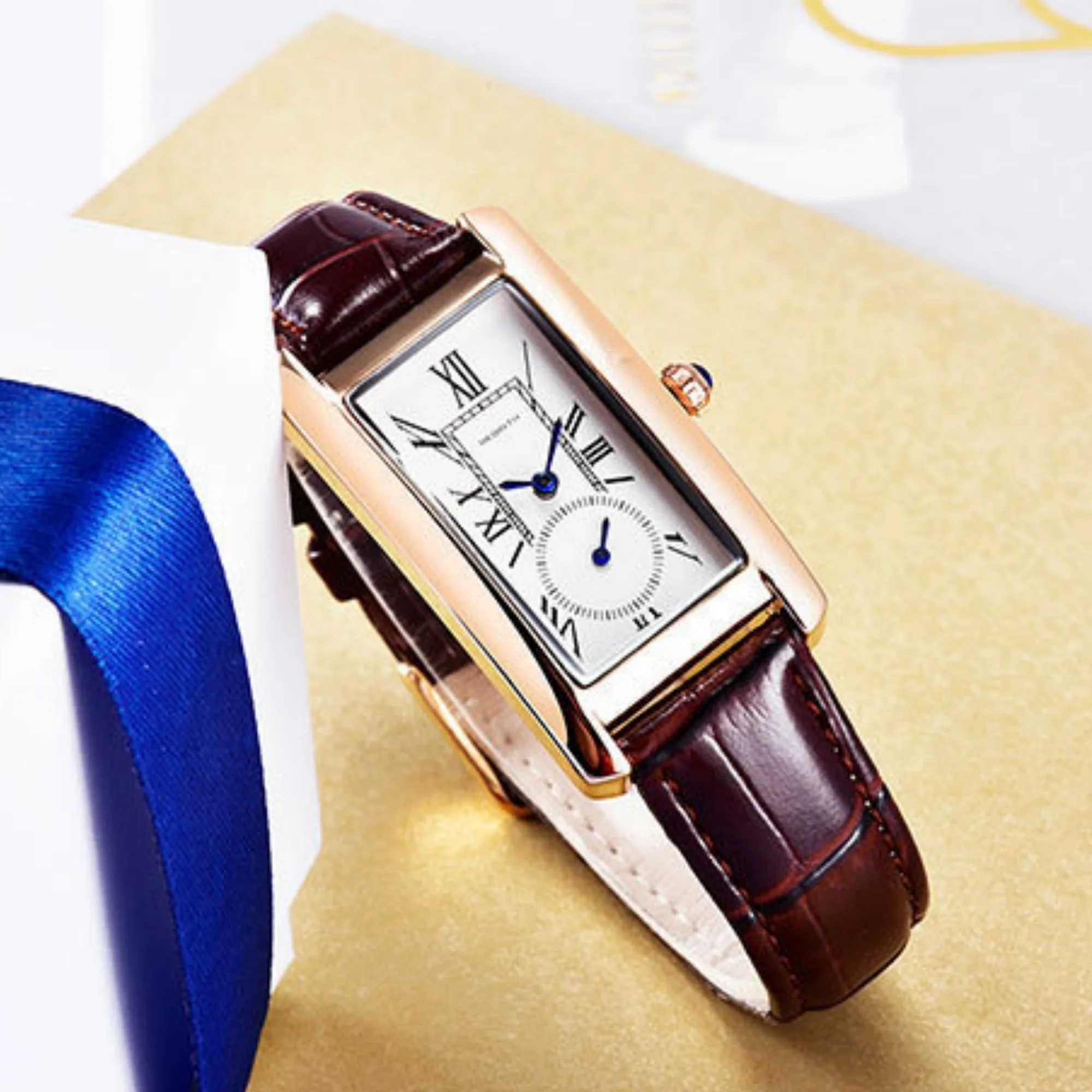 REBIRTH Women Rectangle Quartz Watch Roman Numeral Small Seconds Dial Ultra Thin Wristwatch Fashion Gift For Girls