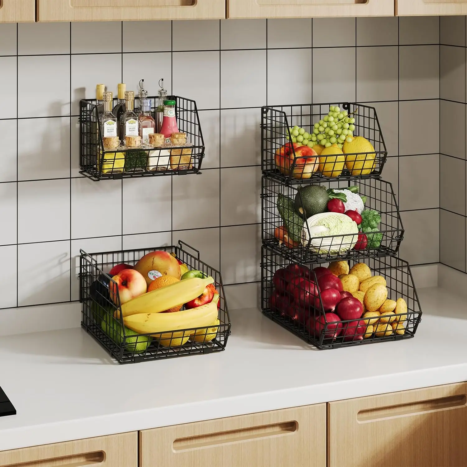 3-Tier Stackable Wire Baskets for Pantry Organization and Storage, Kitchen Counter Basket for Potato Onion Storage