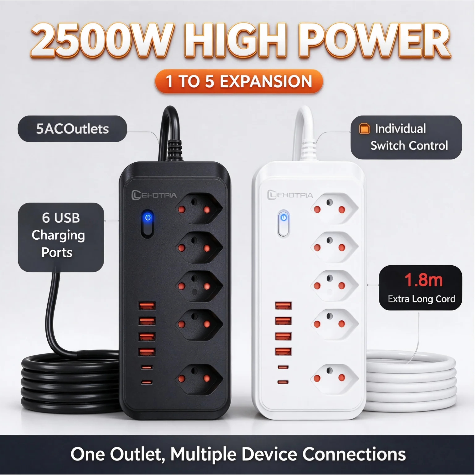 Power Strip 5 AC Outlets 4 USB A 2 USB C Ports 2500W 1.8M Long Cable Multi Port Extension Socket for Desk Bedroom Home Office