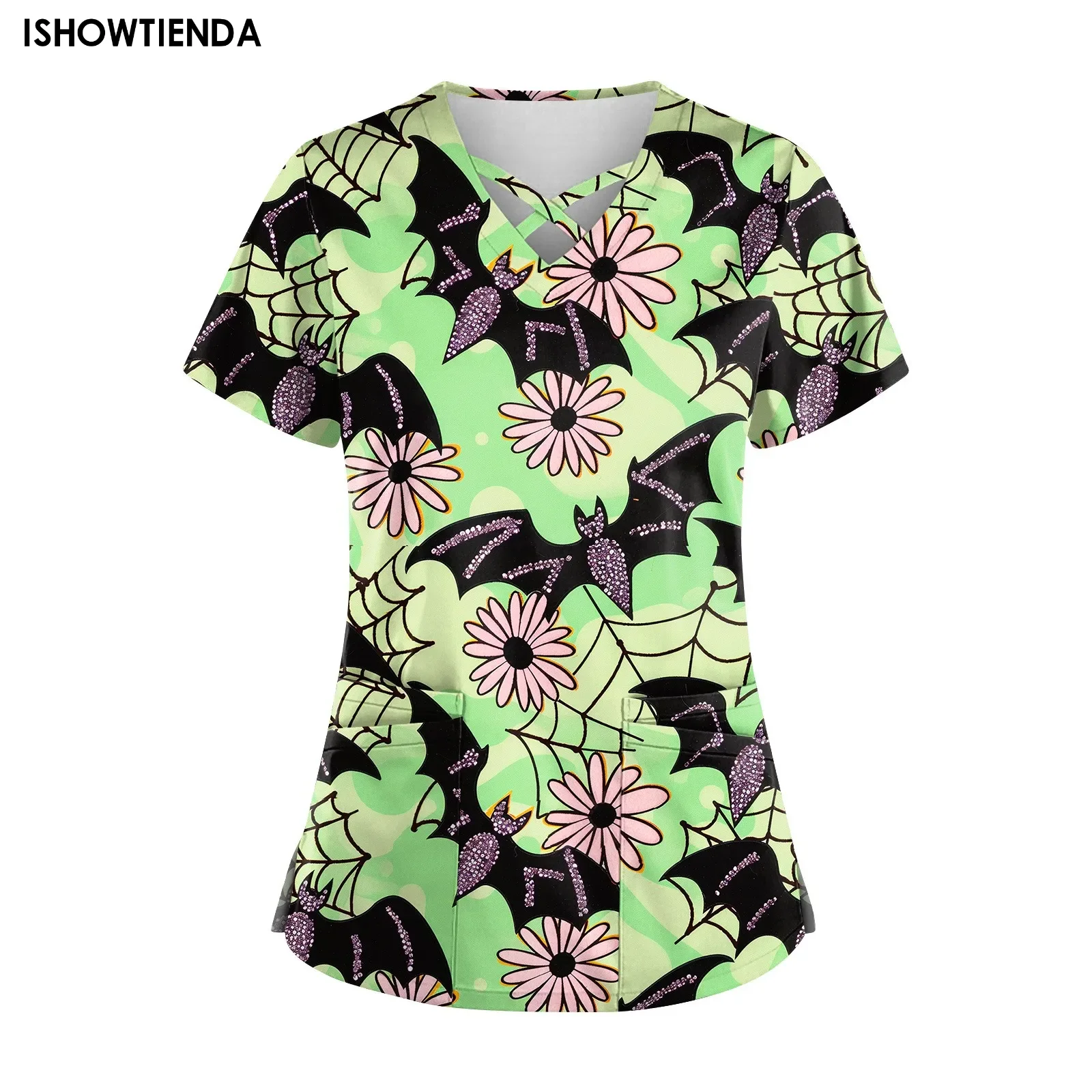 Halloween Print Nurse Uniform Women Short Sleeve V-neck Tops Healthcare Tunic Pocket Blouse Overalls Female Uniforme Clinico