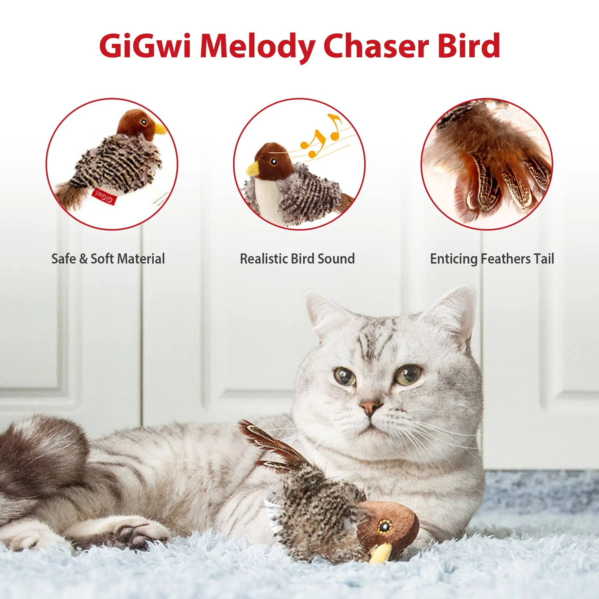 GiGwi Sound Bird Toy Cat Feather Toys Cat Feather Toys Interactive Cat Toy With Sounds Sound Toys Brown Bird, Hedgehog, Mouse image 4