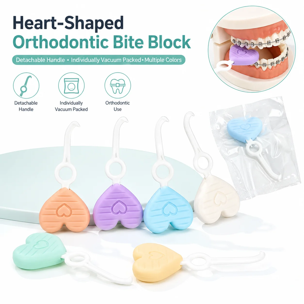 JNSUR Heart-Shaped Orthodontic Bite Block with Detachable Handle Vacuum Packed Dental Occlusal Bite Pad for Braces Oral Care