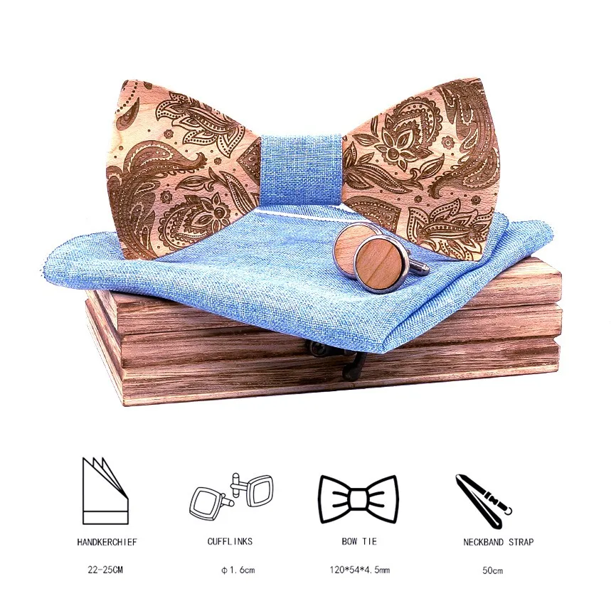 

3D Carving Retro Bohemian Style Paisley Pattern Cherry Solid Wood Tie Wedding Gift Wooden Tie Cufflinks Handkerchief Set