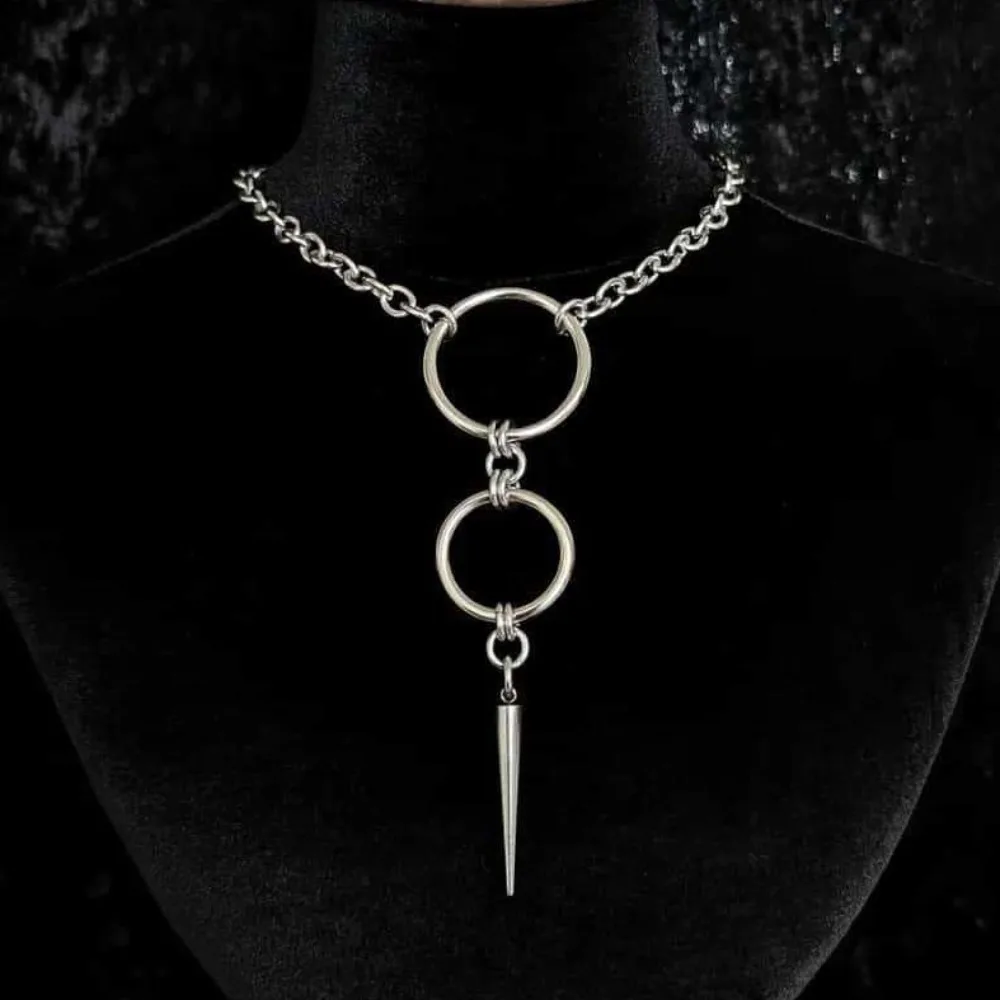 Punk Personality Silver Color Stainless Steel Circular Ring Long Rivet Pendant Choker Necklace for Men Women Jewelry Accessories