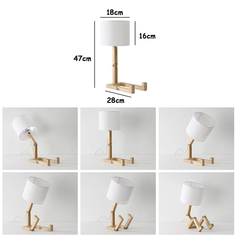 Imagem -06 - Candeeiros de Mesa de Forma de Robô de Madeira Lâmpada de Led Pano Branco Estudo Lâmpada de Mesa de Leitura Salão Quarto Luz Noturna ac 110240v E14