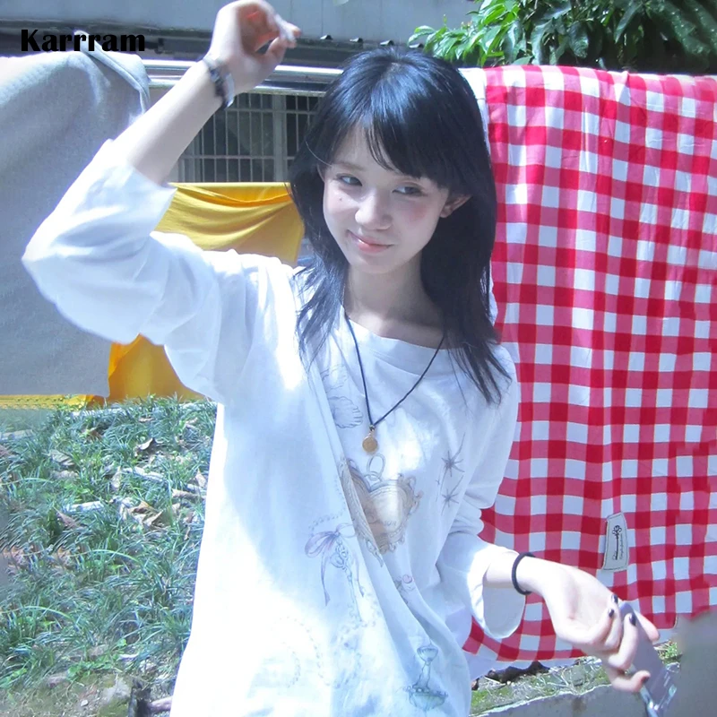

Karrram Japanese Y2k Cutecore Print T-shirt Vintage Harajuku Long Sleeve Loose Tops 2000s Aesthetics Lazy Style White Top Korean