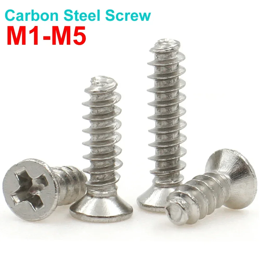 100pcs M1 M2 M2.6 M3 M4 M5 Nickel Plated Grade4.8 Carbon Steel Phillips Cross Recessed Countersunk Flat Head Self-tapping Screws