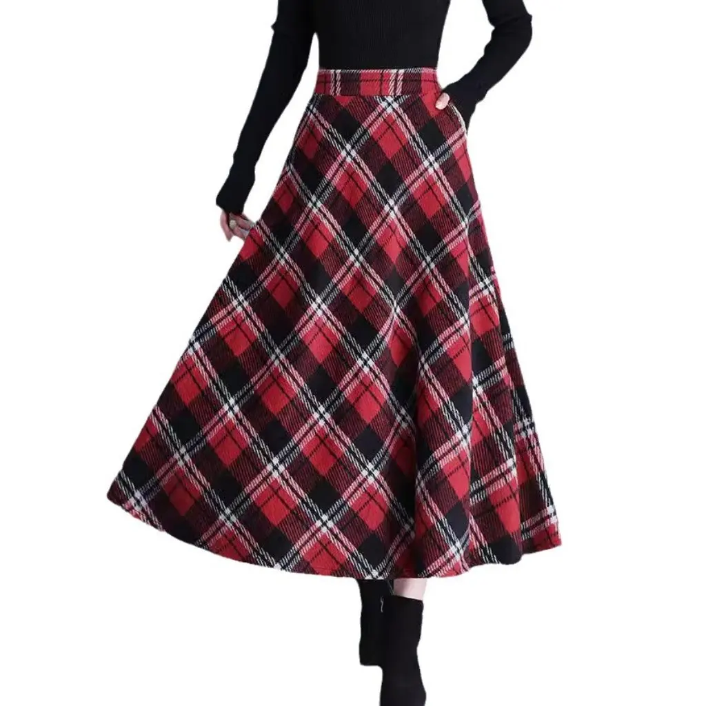 

Women's High-Waisted Retro Plaid Skirt Elastic Waist Woolen Large Hem A-Line Style for Autumn Winter Fashionably Vintage