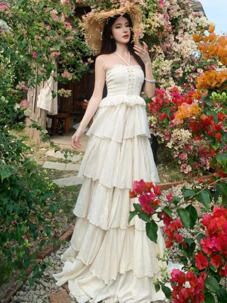 

Summer New Beige Elegant Slim Backless Halter Lace-up Cake Evening Dresses Women Sexy Sleeveless Birthday Party Fairy Long Dress