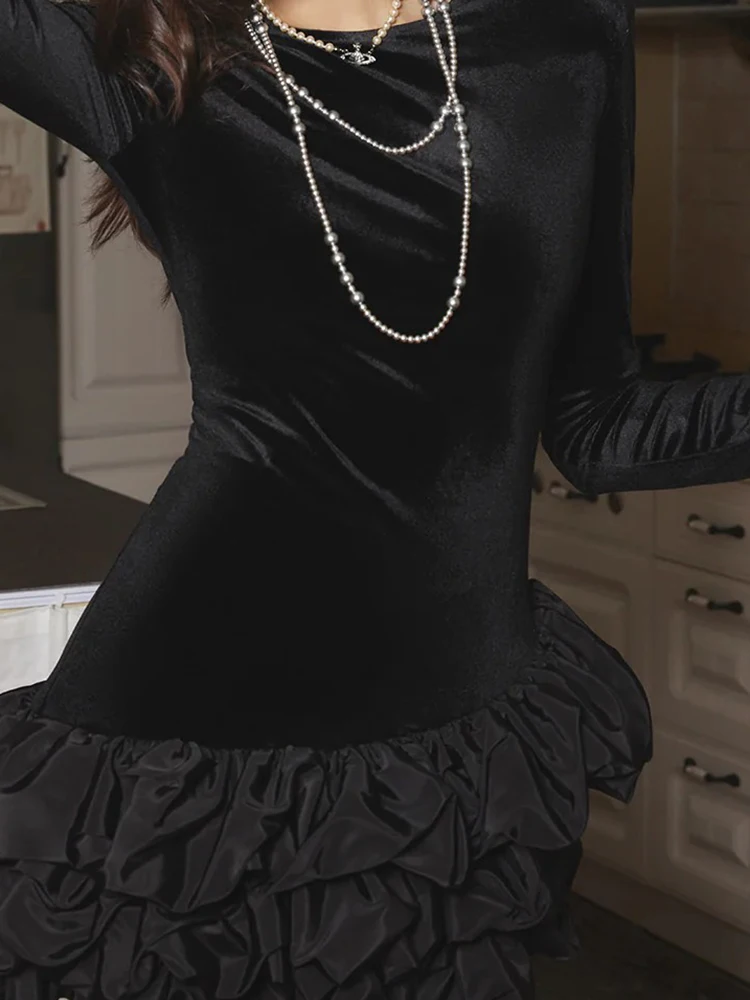 

Повседневное платье с рюшами и краями, модное женское банкетное платье с круглым вырезом и длинными рукавами, новое весеннее элегантное платье трапециевидной формы Mujer