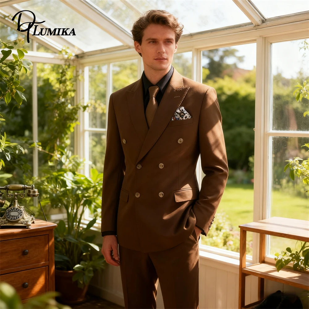

DTLumika Coffee Двубортный костюм для мужчин, мужские деловые костюмы из двух предметов, комплект деловой куртки и брюк плюс мужской смокинг