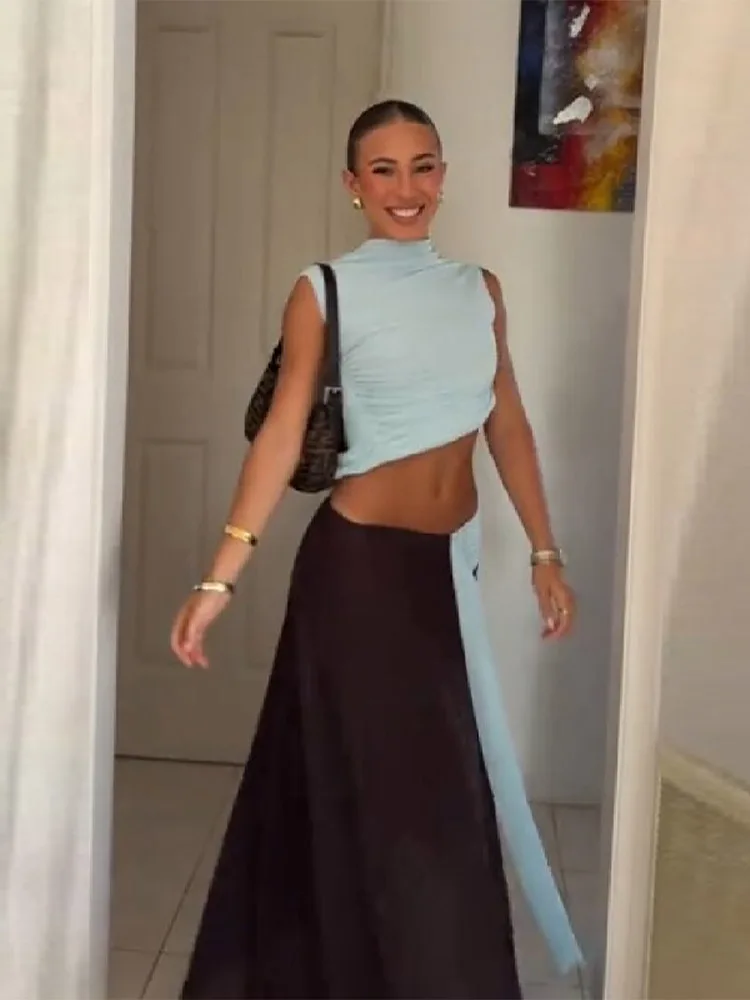 Elegant Women's Light Blue Brown Two Piece Set Chic High Neck Backless Ruched Crop Top Asymmetrical Maxi Skirt 2026 New Outfits