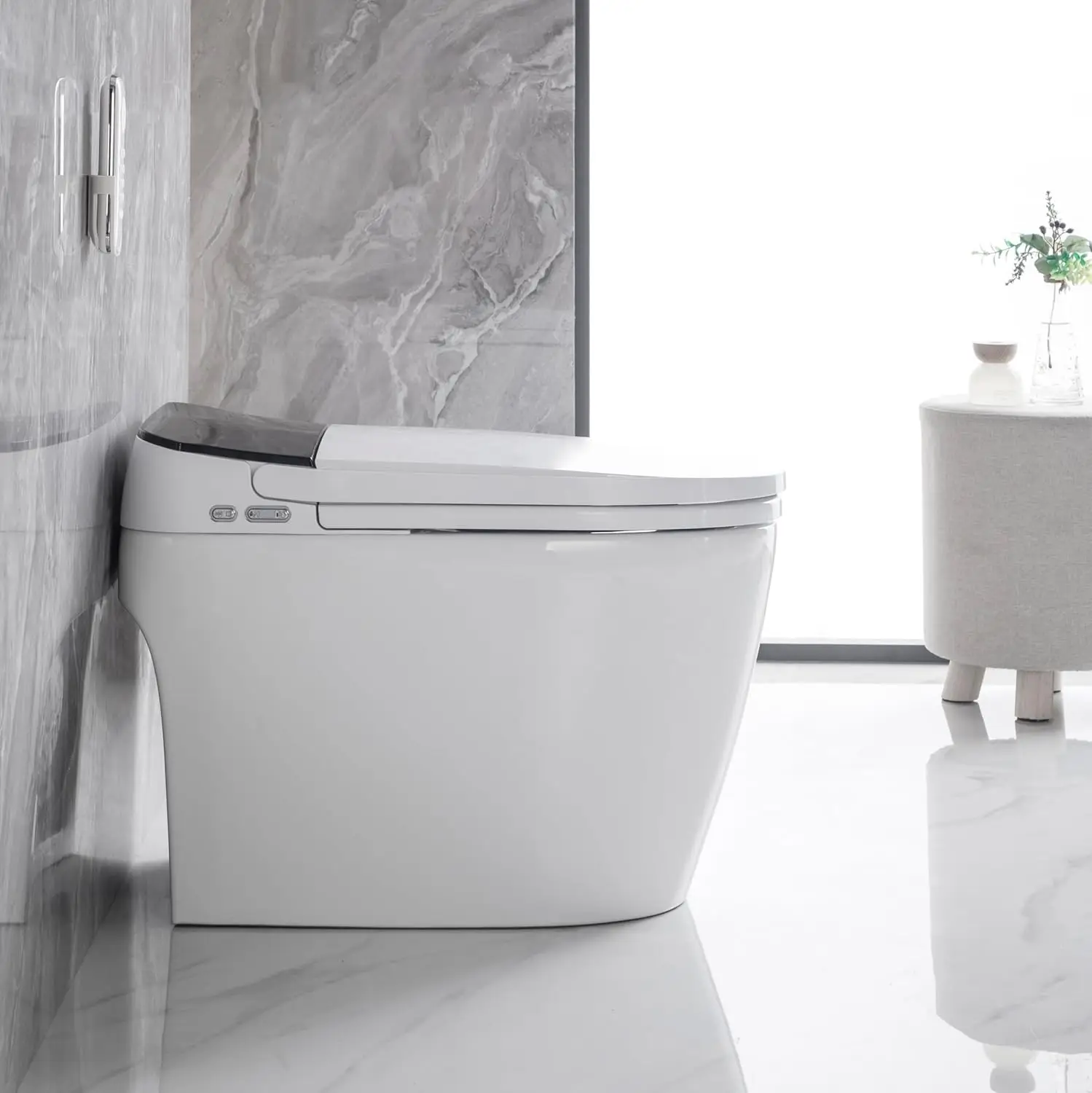 Elongated Smart Toilet With Elongated Heated Bidet Seat, Intelligent Toilet With Bidet Built-In, Feet Sensor,Auto Open/Close