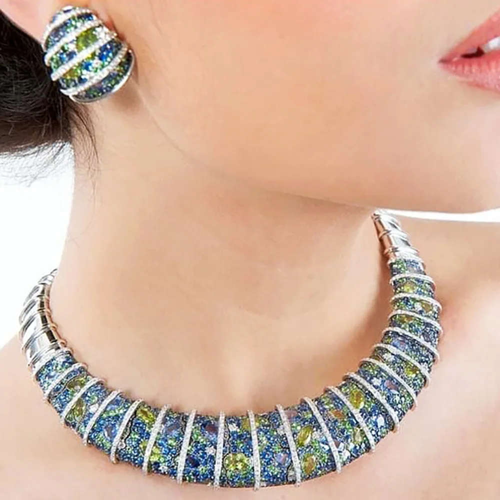 GODKI Spring Multicolor CZ African Necklace Earring  For Women Wedding Party Nigerian Indian Dubai Bridal Jewelry Set