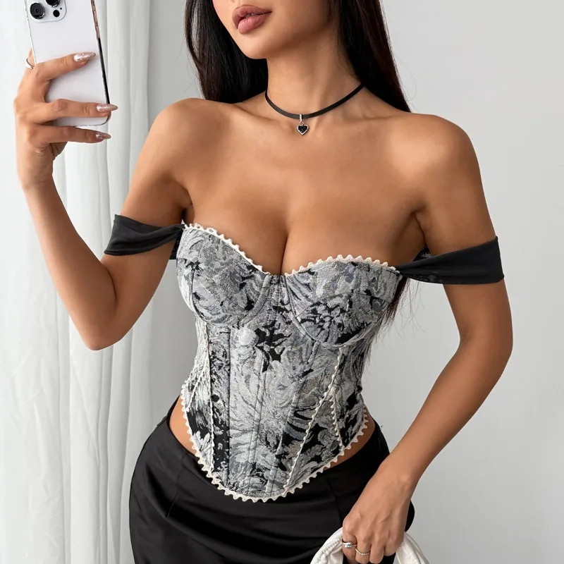American Retro Print Crop Tops Women Fishbone Camisole Female Strap Lace Spliced Slim Top 2026 Streetwear Vintage Beach Tank Top