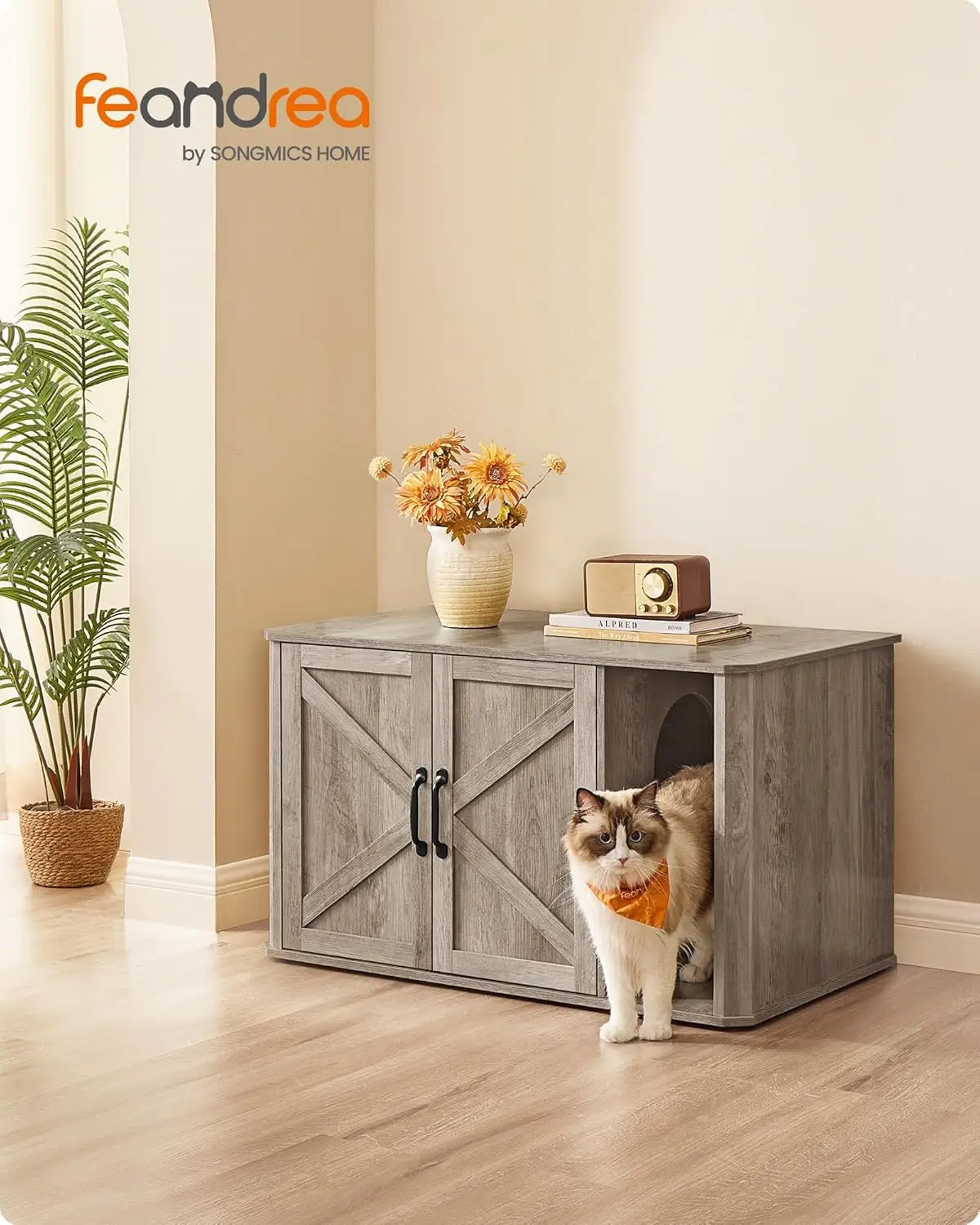 Feandrea Cat Litter Box Enclosure, Hidden Litter Box Furniture, with Front Entry, Double Doors, Handles, Cat House