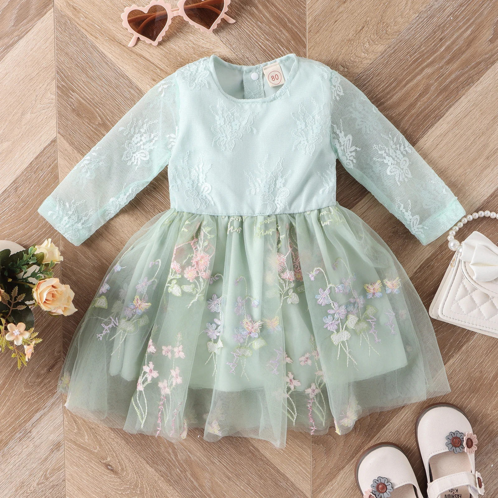 Autumn Girls Aged 1-4 Are Sweet And Cute, Multicolored Round Neck Lace Embroidered Long-Sleeved Dress