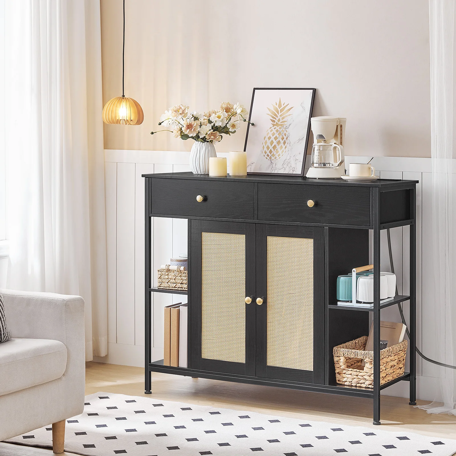 HOOBRO Sideboard Buffet Cabinet with Charging Station Storage Cabinet with Drawers and Rattan Decorated Doors Coffee Bar Cabine