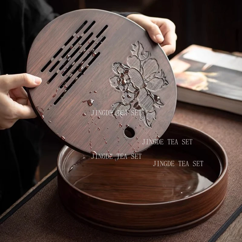 

Round Bamboo Tea Tray Embedded Water Storage Tea Table Chinese Style Solid Wood Tea Sea Household Teaset Tray Teaware