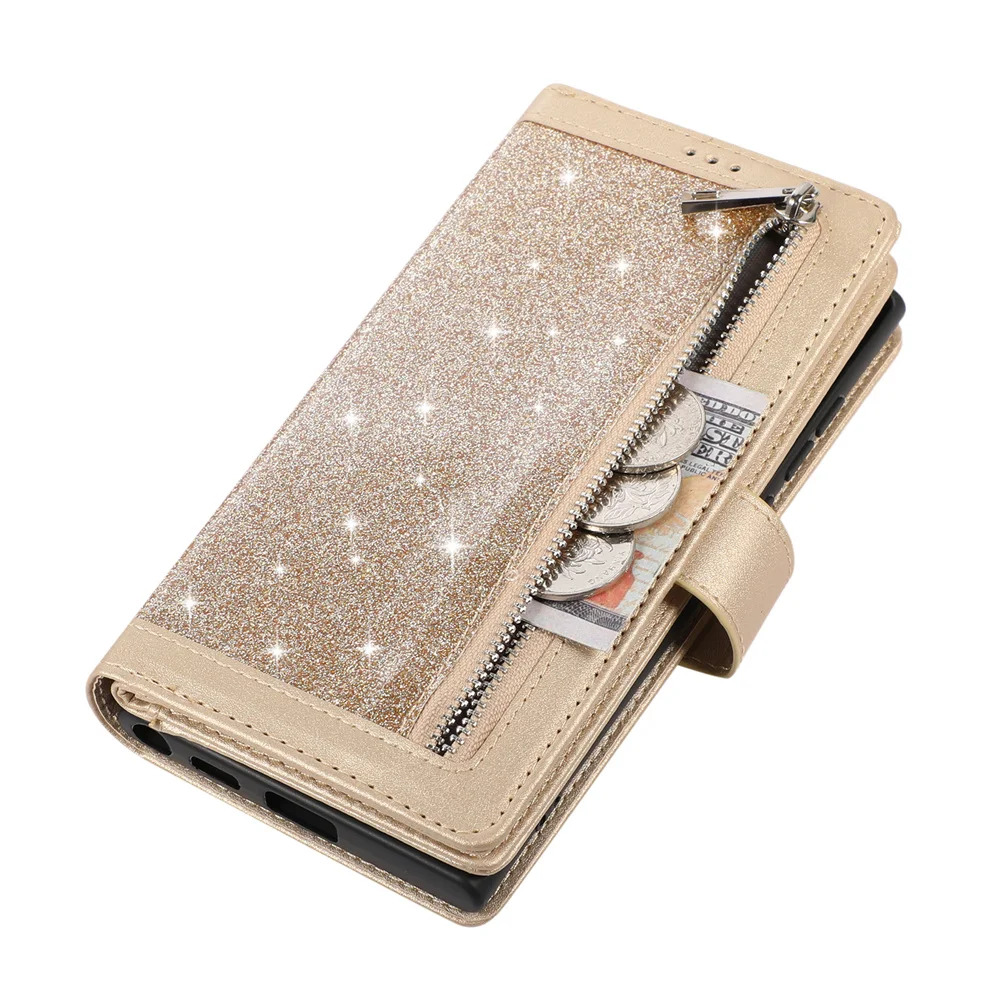 Étui portefeuille en cuir à paillettes Bling de luxe pour Galaxy, étui à fermeture éclair Kly, S23 Ultra, S7, S8, S9, S10, 5G, S20, S21, FE, S22 +, S23 Plus, Rotterdam