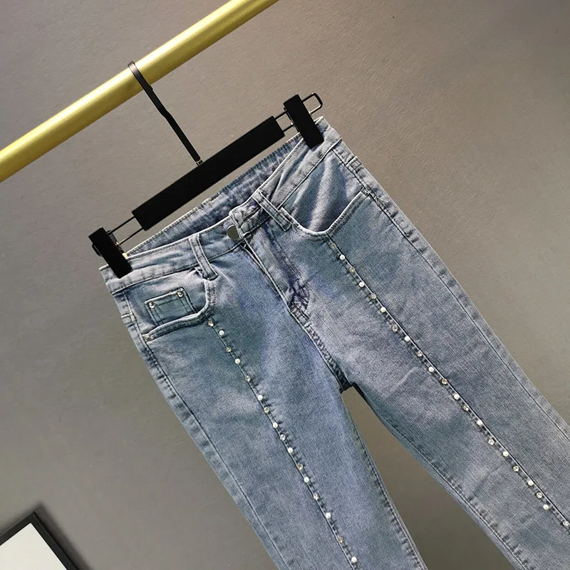 High-waist Stretch Pearl Denim Women\'s Trousers Spring 2023 New Slim-fit Diamond-studded Beaded Flared Jeans Female