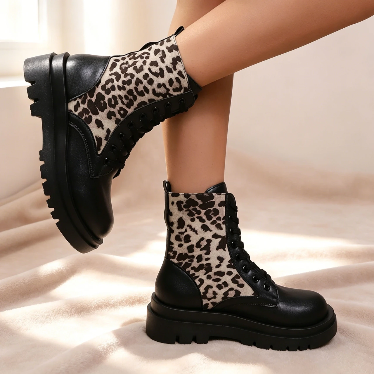 Women's Platform Combat Ankle Booties Leopard Print PU Leather Patchwork Lace Up Round Toe Autumn Winter Short Work Boots Shoes