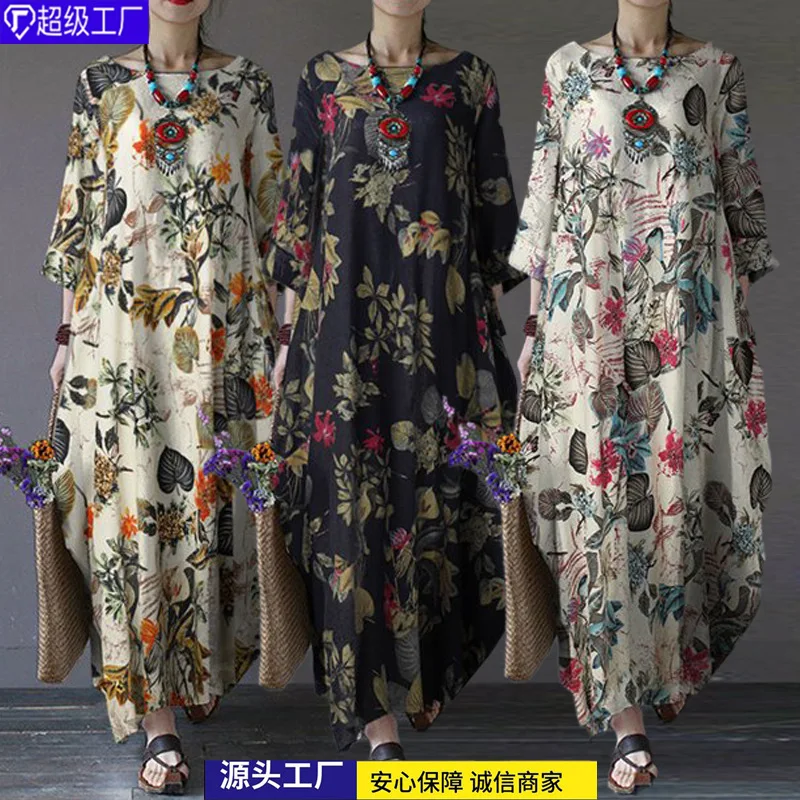 

New Arrival Plus Size Fashion Dubai Kaftan Pocket Robe Islamic Clothing Casual Long Vintage Floral Print Muslim Dress