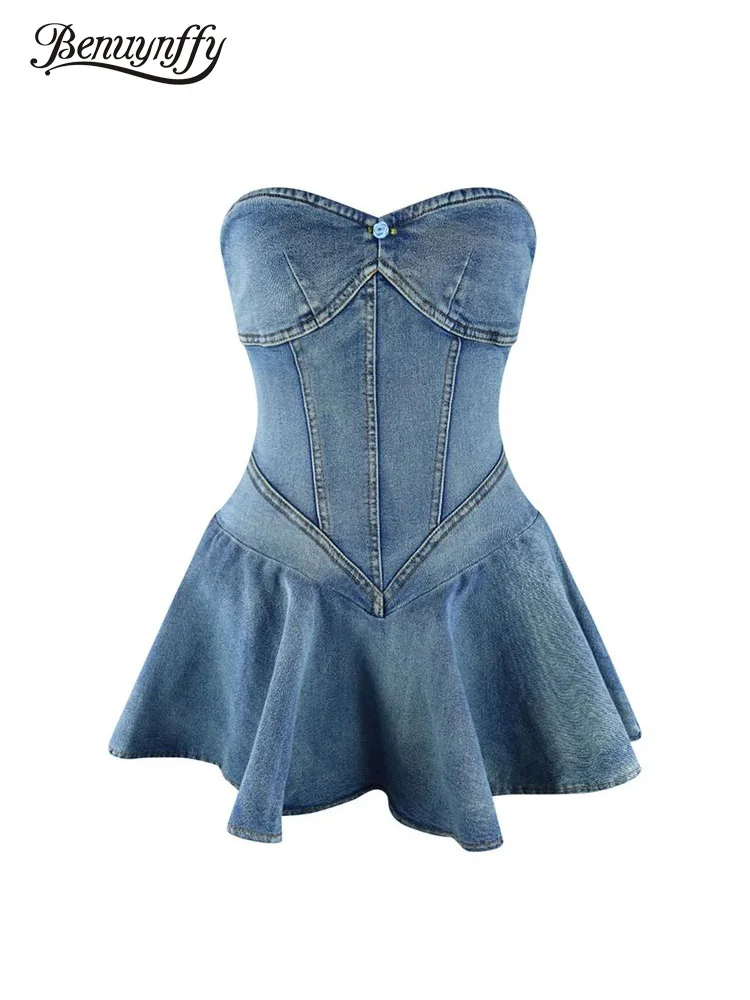 Benuynffy Sexy Tube Backless Denim Dress Women Summer Streetwear Party Sleeveless Ruffle Hem Slim Mini Dress Fashion Vestidos