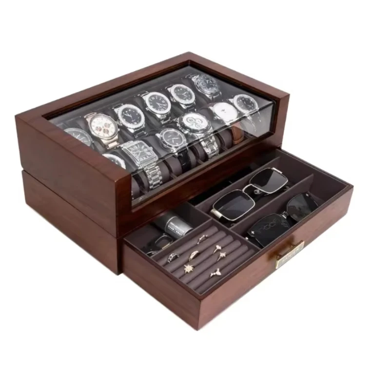 Men's high-end 12-slot wooden watch box with glass cover 2-layer watch display case jewelry storage men's and women's gifts