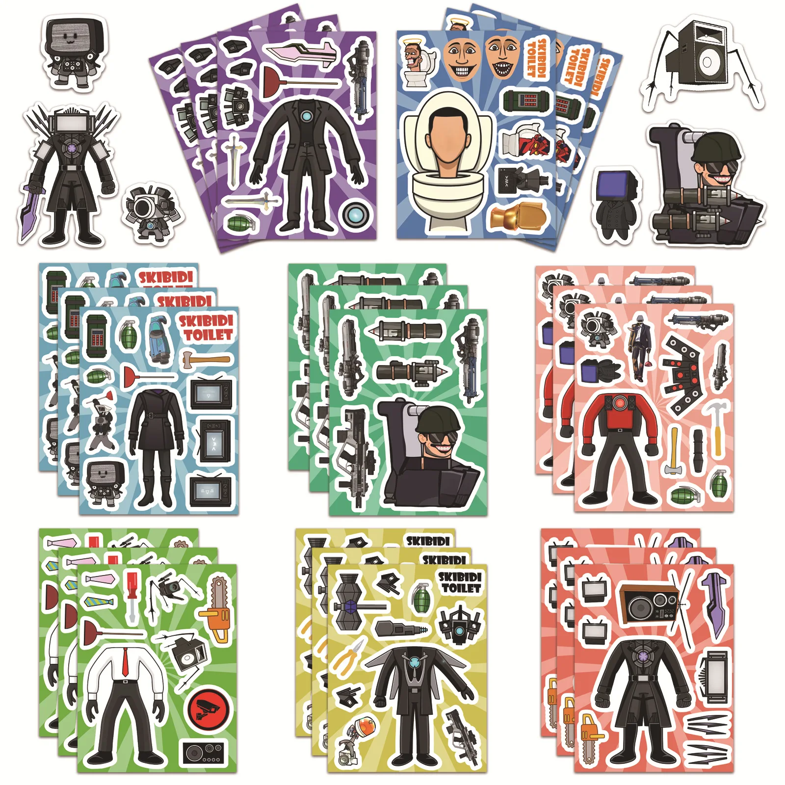 8Sheets Make a Face Skibidi Toilet Puzzle Stickers DIY Assemble Decals Funny Cartoon Jigsaw Game Sticker
