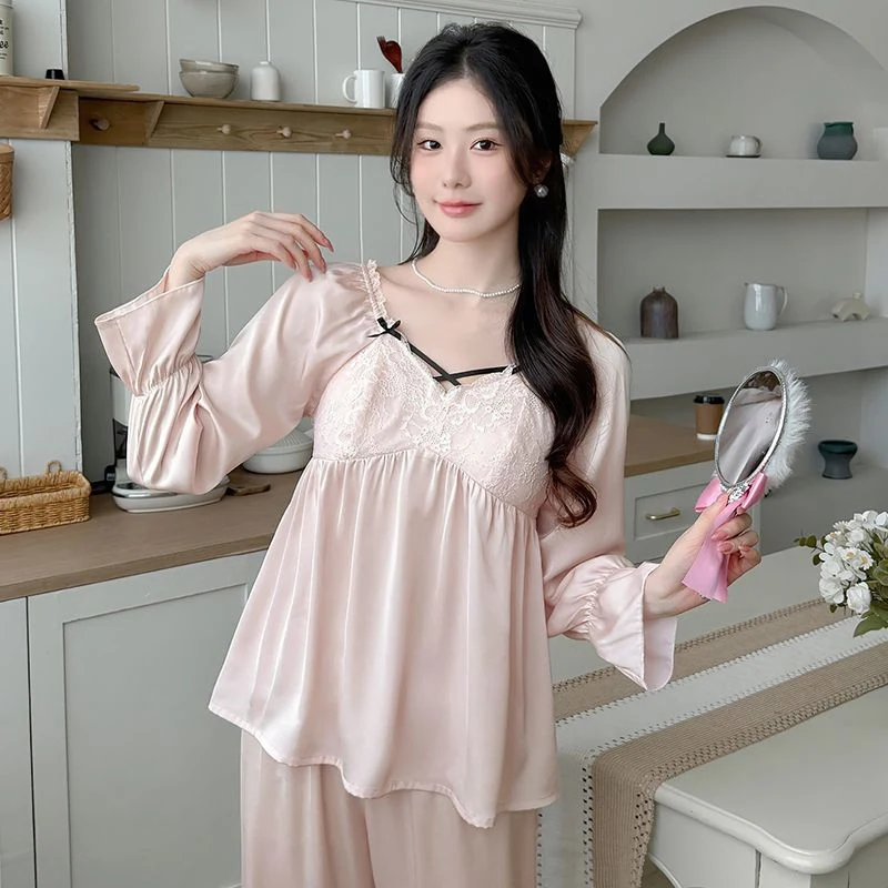 

Весна 2025 года, шелковое атласное сексуальное кружевное белье с длинными рукавами, пижамные комплекты с v-образным вырезом, женская милая одежда для сна, домашняя одежда, Pijama Mujer, домашняя одежда