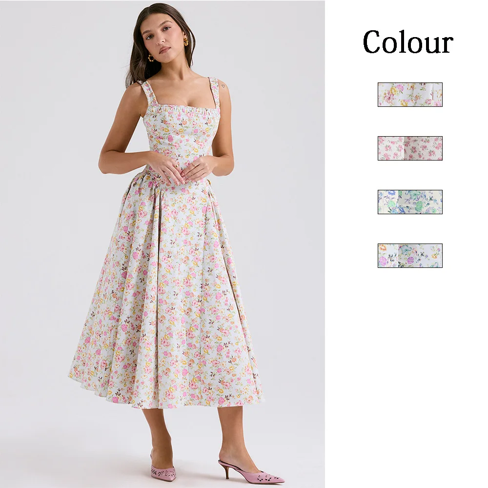 

Flower Print Spaghetti Strap Dresses Women Fashion Sexy Backless Low Cut Folds Vacation Style Slim Midi Dress Female Vestidos