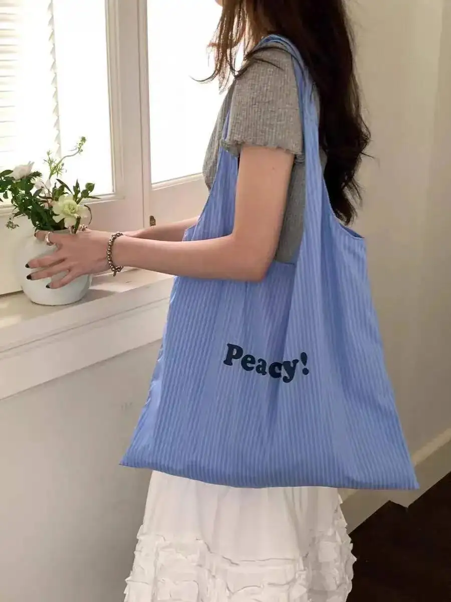 Bloom Stripe Blue Large Capacity Canvas For Women 2025 New Summer Tote Bag Female Korean Style Y2k Handbag Bolsos De Mujer