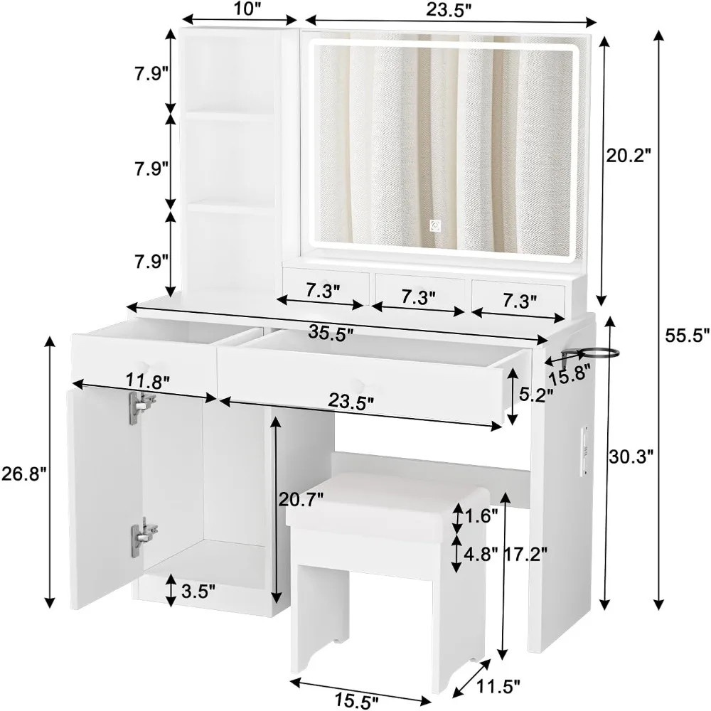 مكتب مكياج مع مرآة وأضواء LED، مكتب مكياج مع أضواء 3 ألوان، مكياج مع 5 أدراج و3 أرفف، Vanity Ta #6