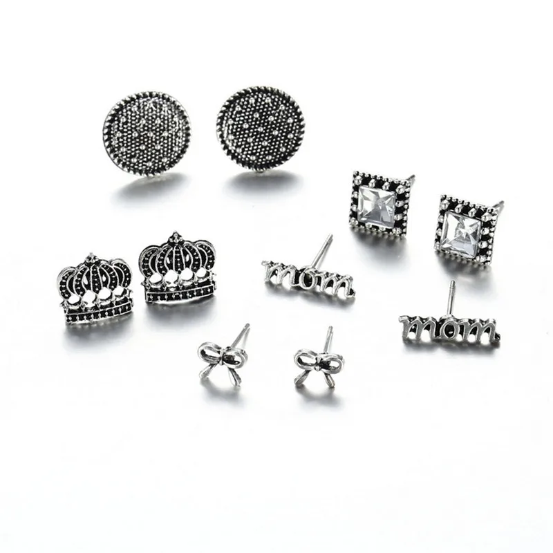 Boho Bow Letter Mom Crown Crystal Earrings Set Women Punk Stud Gift Earrings Set Personality Party Clothing Jewelry 5 Pairs/Set