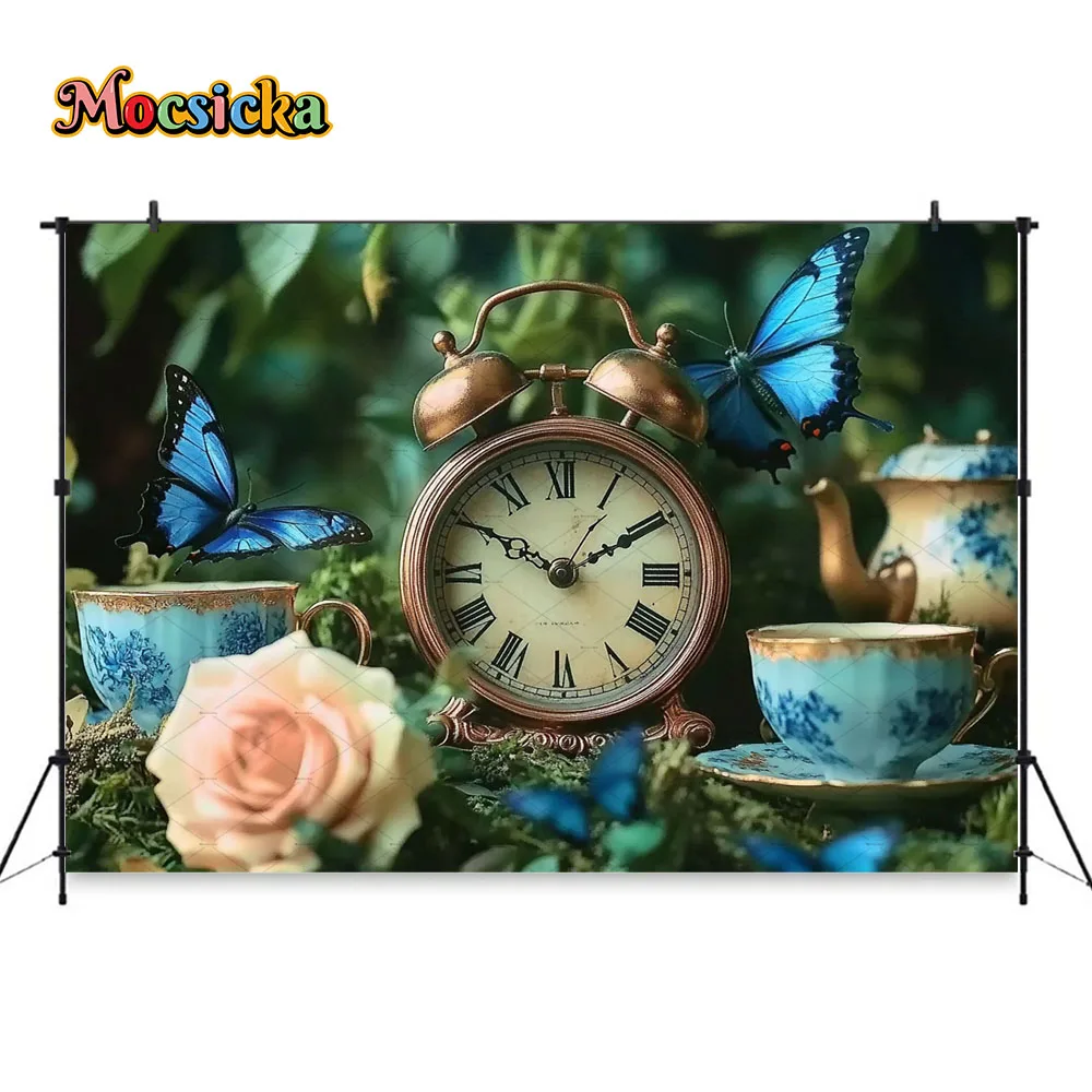 สีเขียว Wonderland พื้นหลังการถ่ายภาพนาฬิกาผีเสื้อสีฟ้าป่าฉากหลังตกแต่งเด็กทารกเค้กวันเกิด Smash Photozone Studio